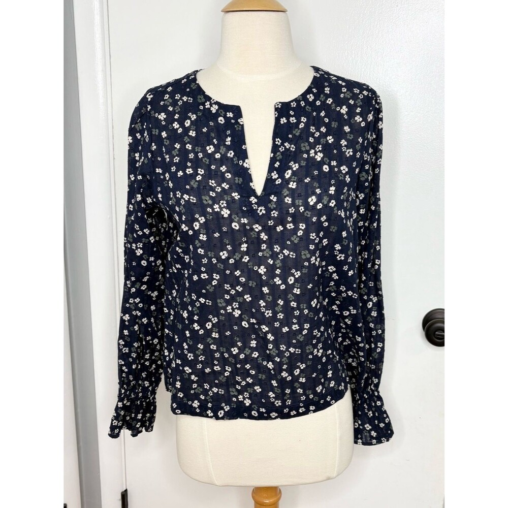Loft Blouse Navy Floral Print Long Sleeve Top X-Small xs
